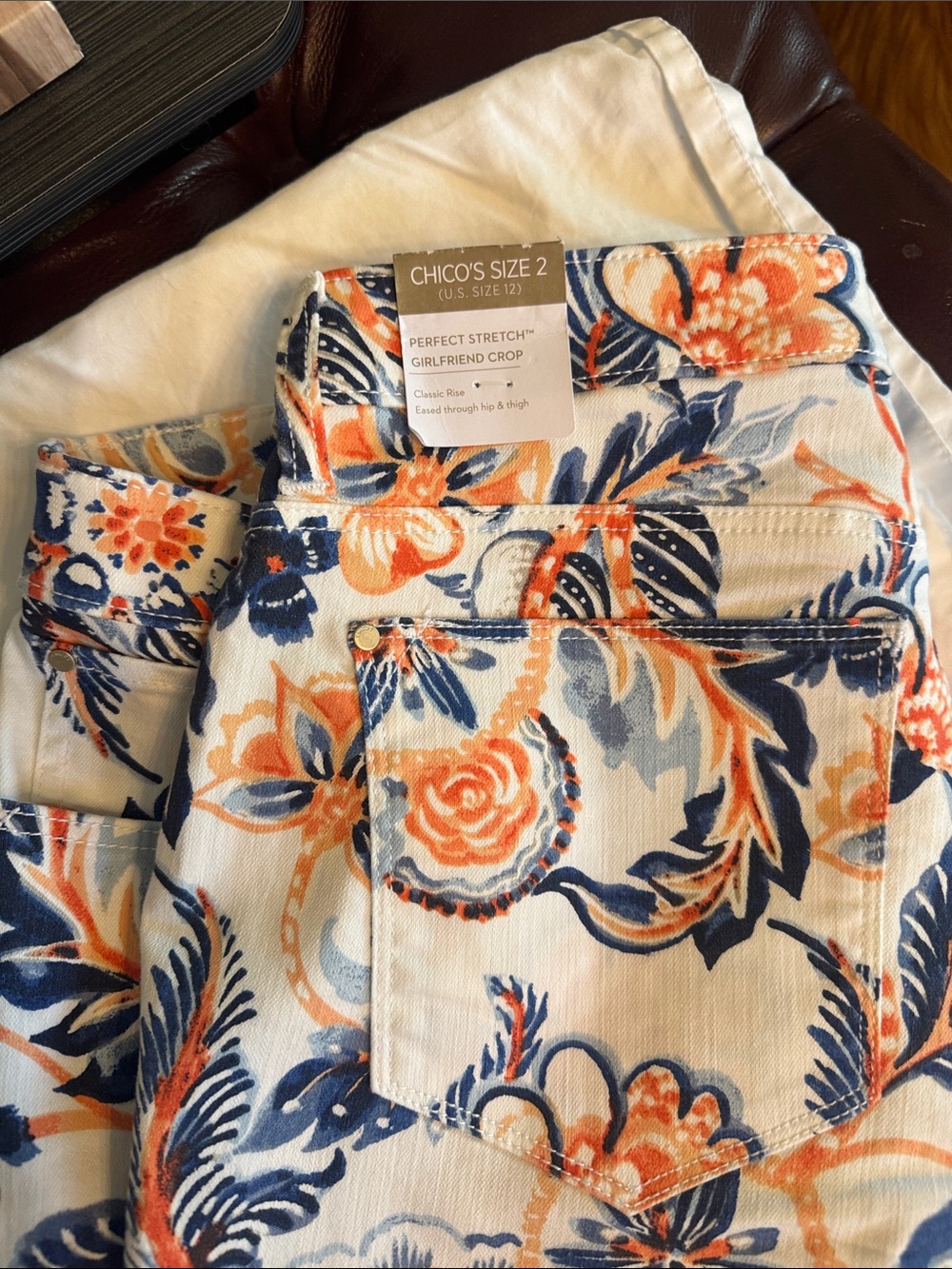 Chico's White Crop Jeans with Navy & Coral Floral Print